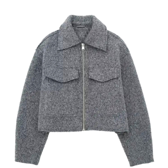 NWT Charcoal Grey Cropped Teddy Jacket with Oversized Fit - Picture 2 of 3